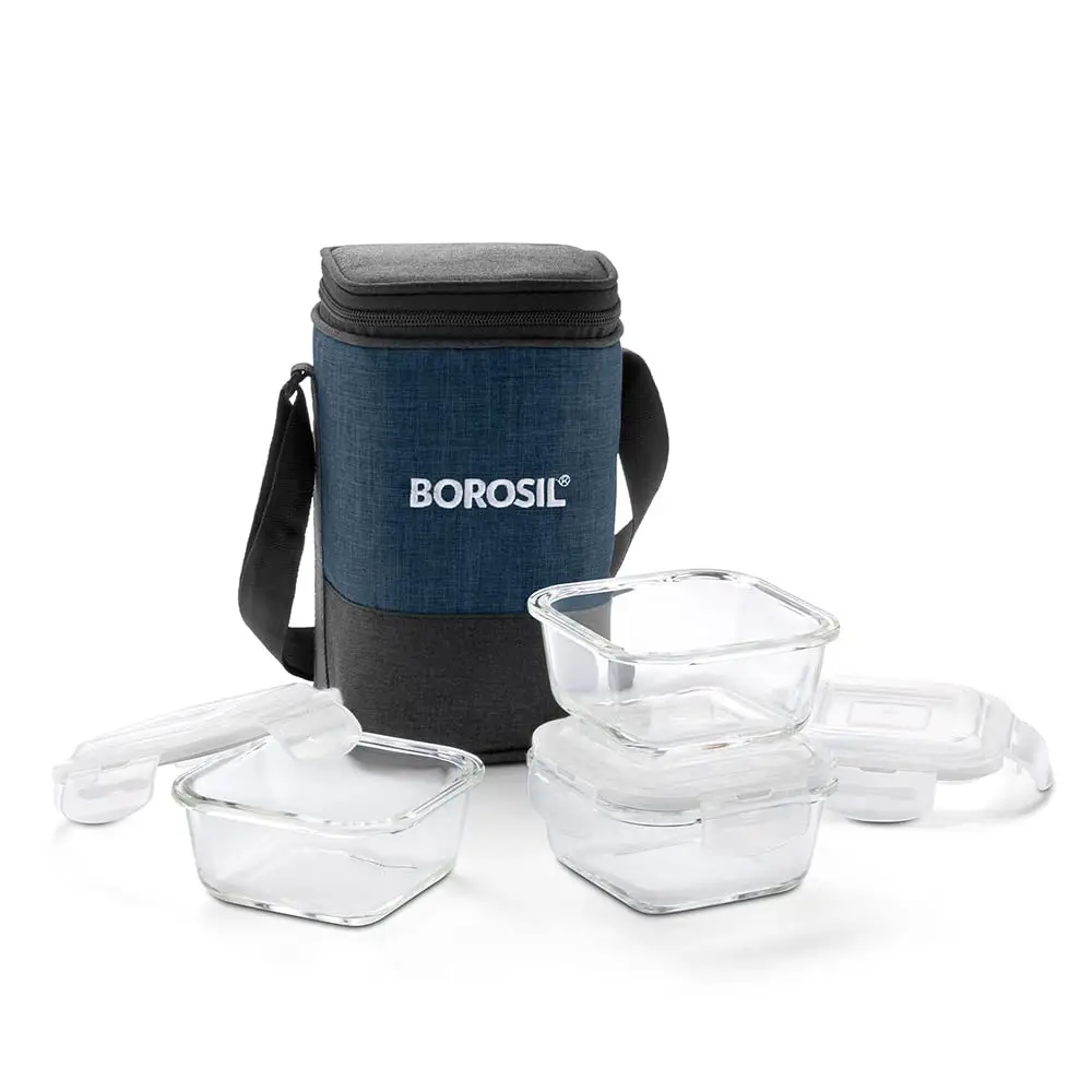 Borosil Elite Borosilicate Glass Lunch Box | Set of 3 (320 ml Each), Square | Microwave & Dishwasher Safe, Leakproof | Tiffin for Office/School/College | Transparent