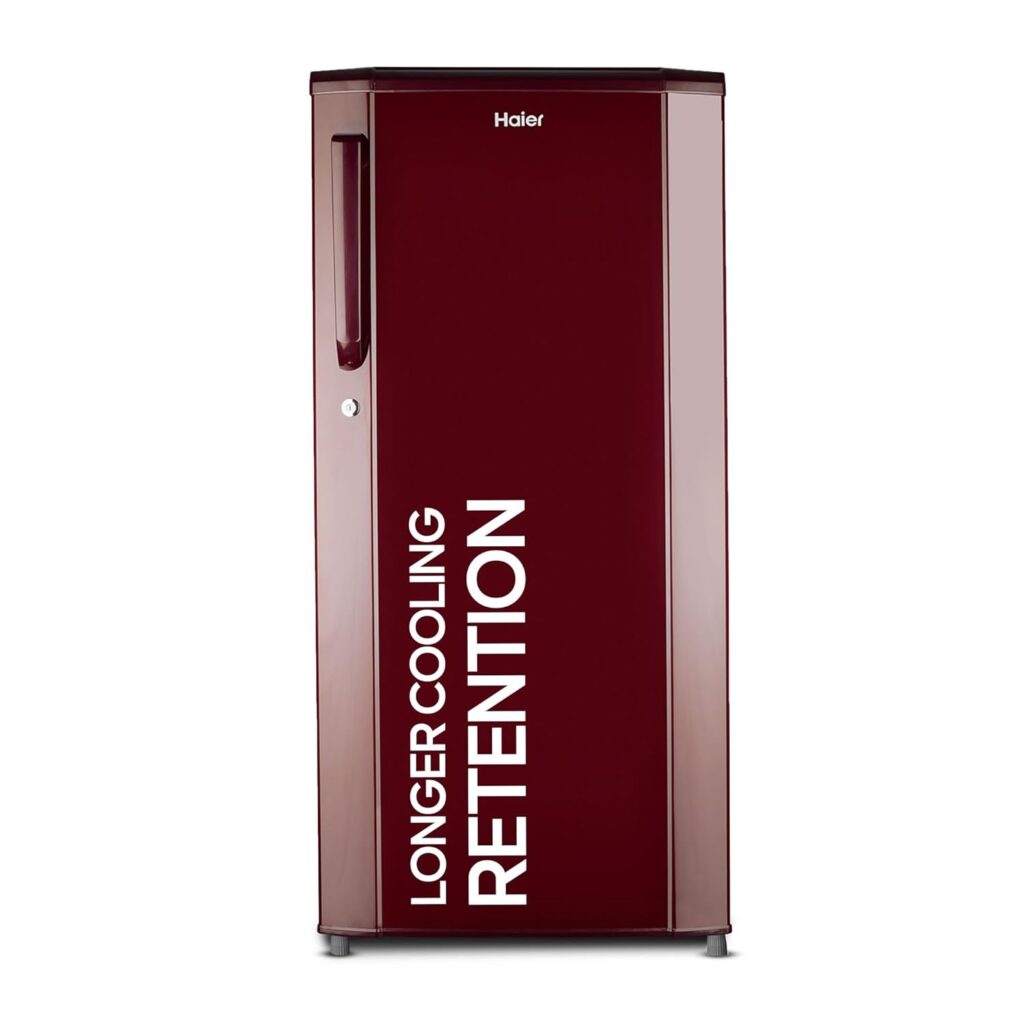 Haier 165 L 1 Star Single Door Refrigerator in Red Mono finish with bar handle and compact design.