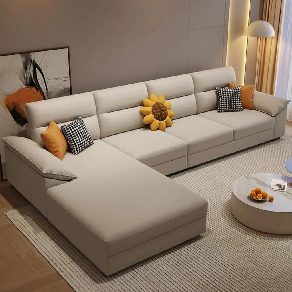 Modern Furny L-shaped sofa with plush cushions and spacious seating in a stylish living room setup.