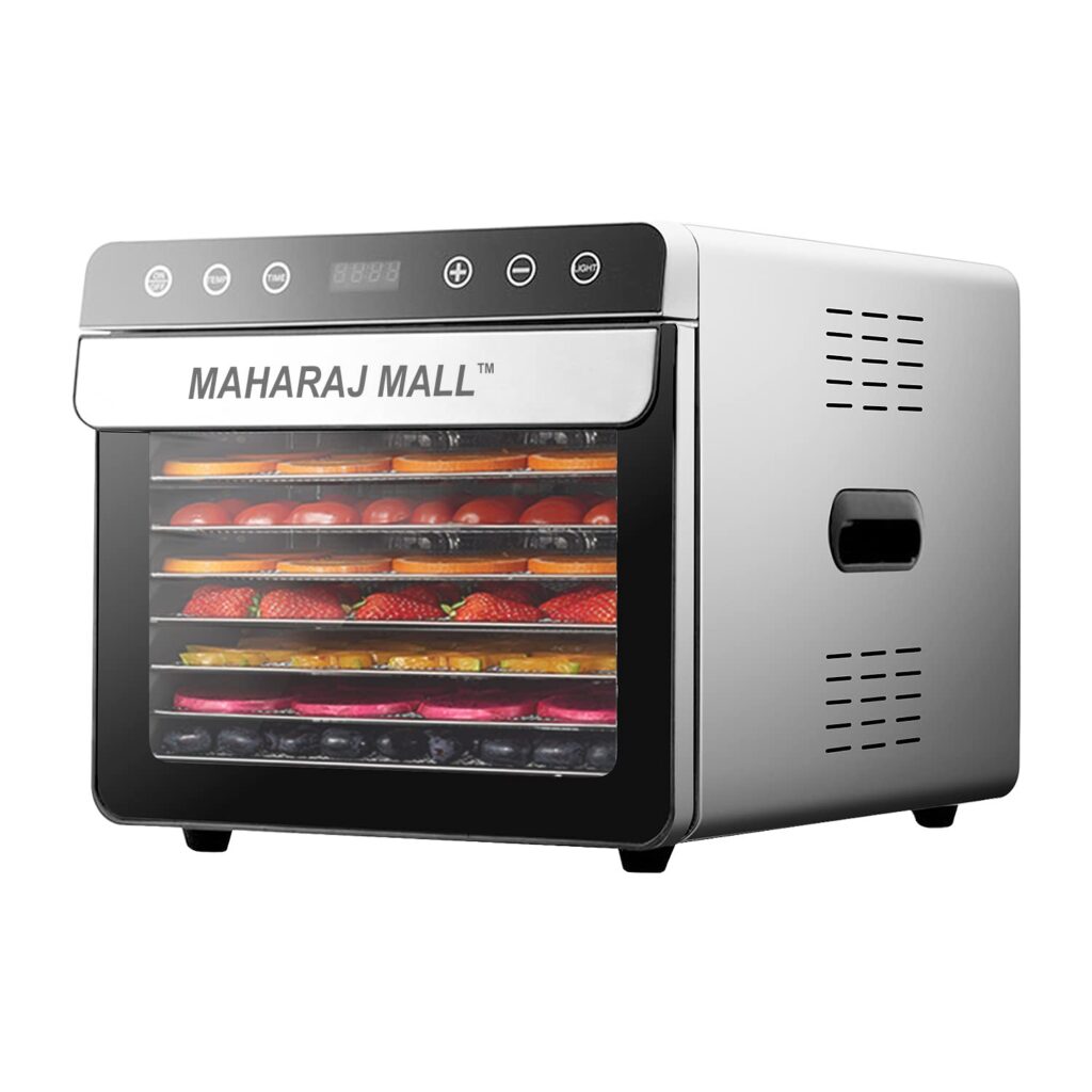 A compact food dehydrator with multiple transparent trays drying sliced apples, bananas, and herbs—perfect for healthy homemade snacks.
